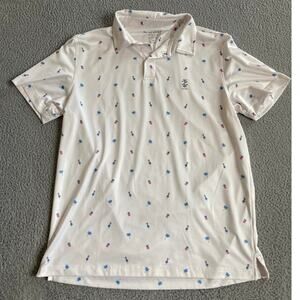 Izod Golf Stretch Polo Shirt Medium Hawaii Pineapple Short Sleeve White Athletic